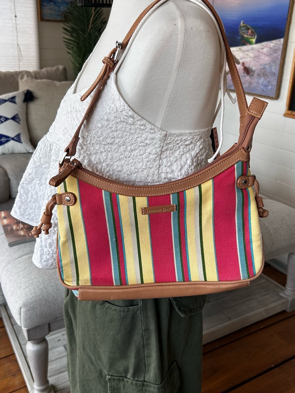 Jamaica Bay Vintage Y2K Striped Canvas Shoulder Bag Purse Colorful Boho